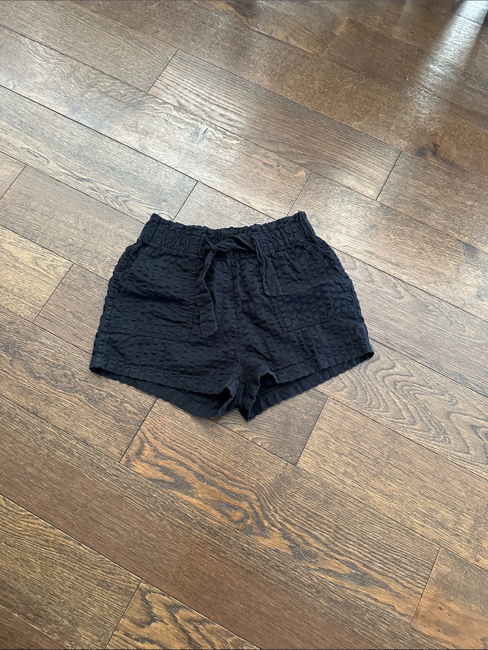 H&M Black High-Waist Waffle Drawstring Shorts